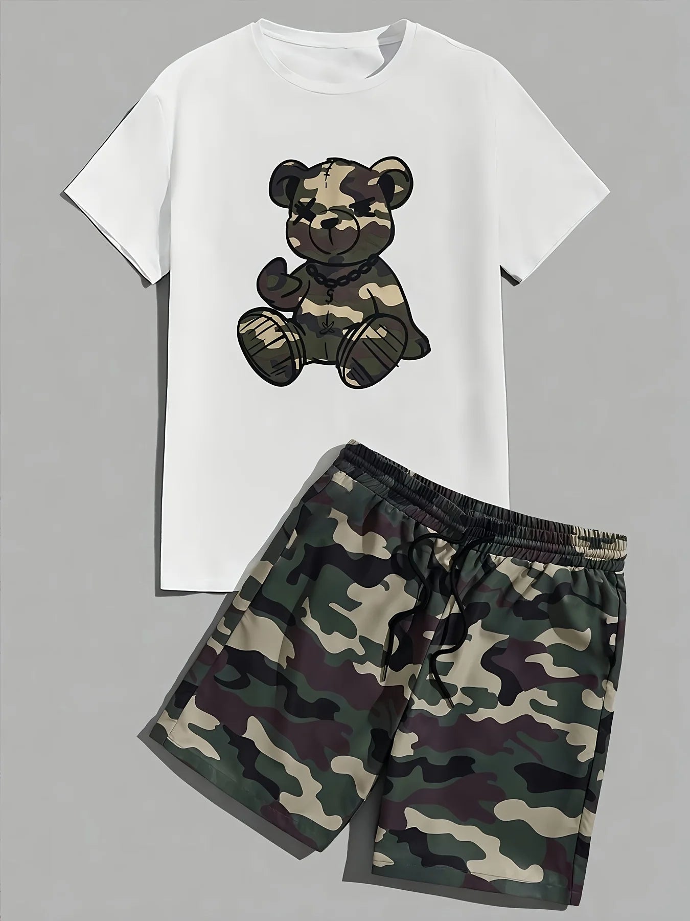2026 Summer Casual Short-Sleeve Fashionable Breathable Sports Set Loose-Fit Quick-Dry Men's Short-Sleeve Hip-Hop Bear Print Set