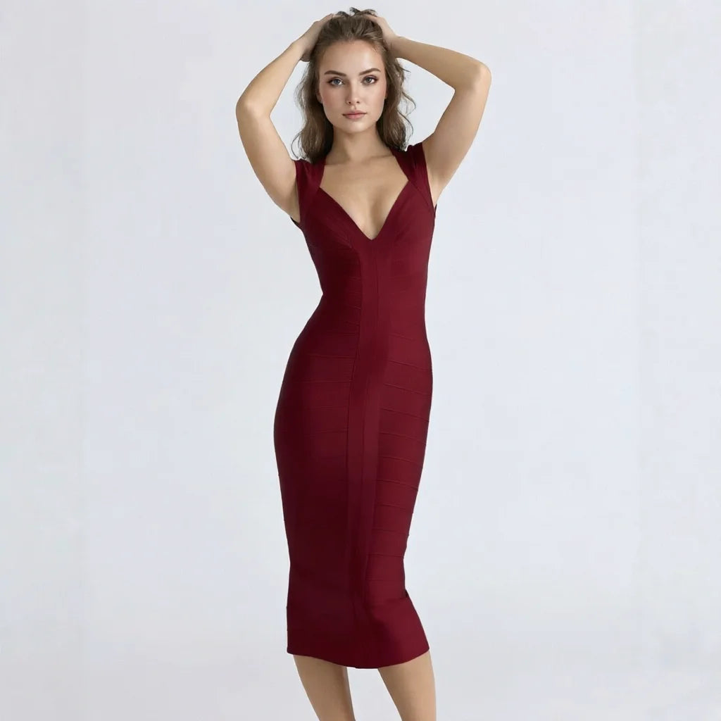 BEAUKEY Luxury Sexy Plunge V Bandage Long Dress Women Striped  Bodyocn  Party Celebrity Evening Dress Elastic Knitted Vestidos