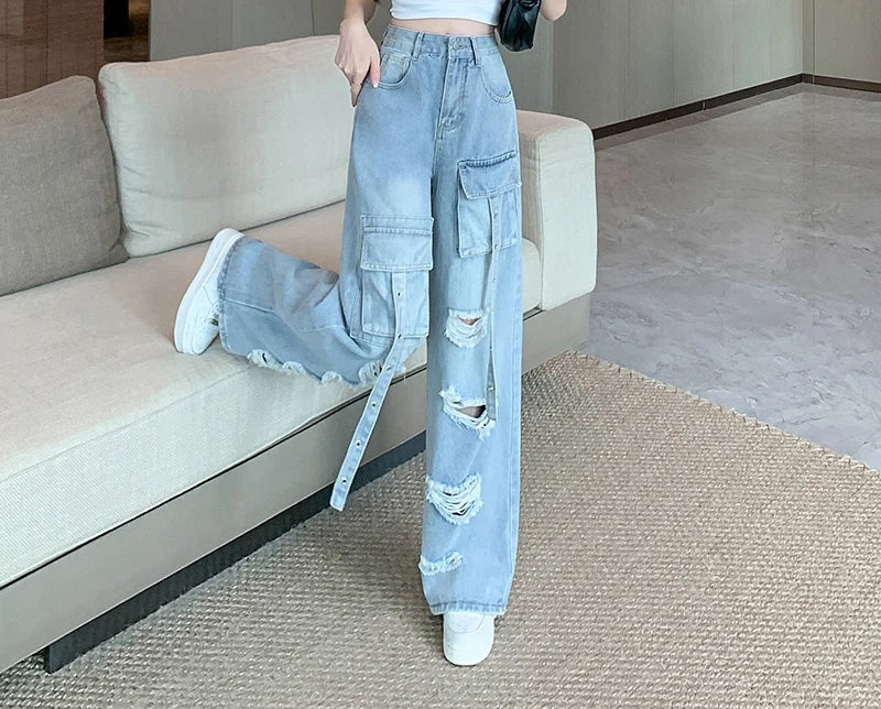 Y2K Hole Cargo Jeans Women Retro Streetwear Loose Straight Denim Pants Multiple Pockets High Waist Casual Commuting New Trousers