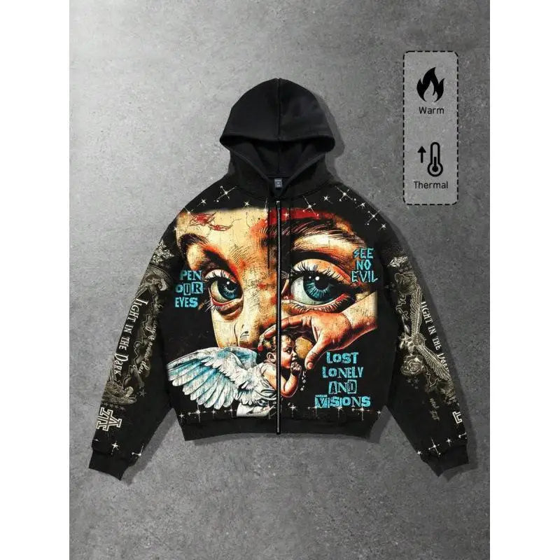 Star Eye Print Hoodie Men's Fleece Lined Sweatshirt Urban Style Comfortable Fit Winter Collection No Brand Registered Trademark