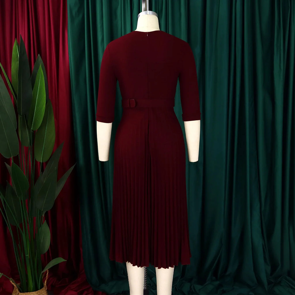 Elegant Office Ladies Dresses 2024 Autumn Fall Notched Collar Half Sleeve Belt Waisted Mid Calf Female Birthday Party Dress Midi