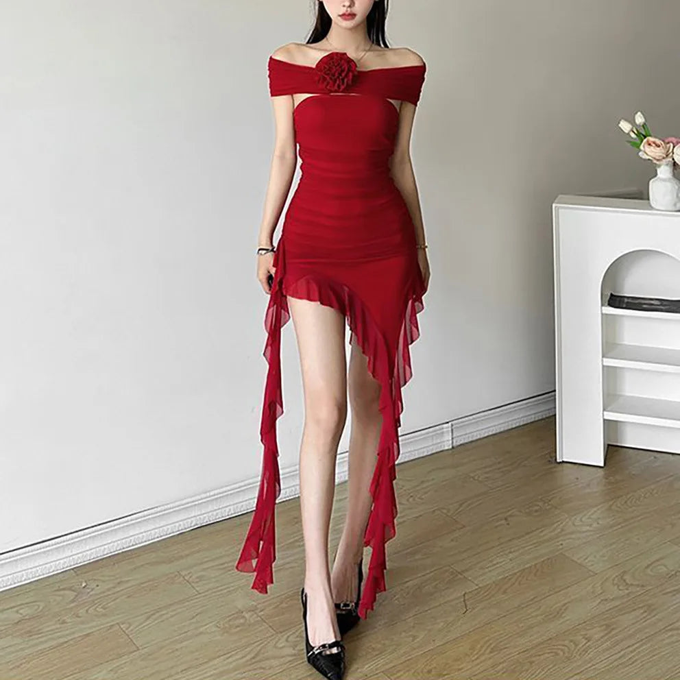 Lace Splicing Sexy Perspective Dress Women Irregular Sleeveless Edge Dress Summer Long Party Vacation Evening Dress