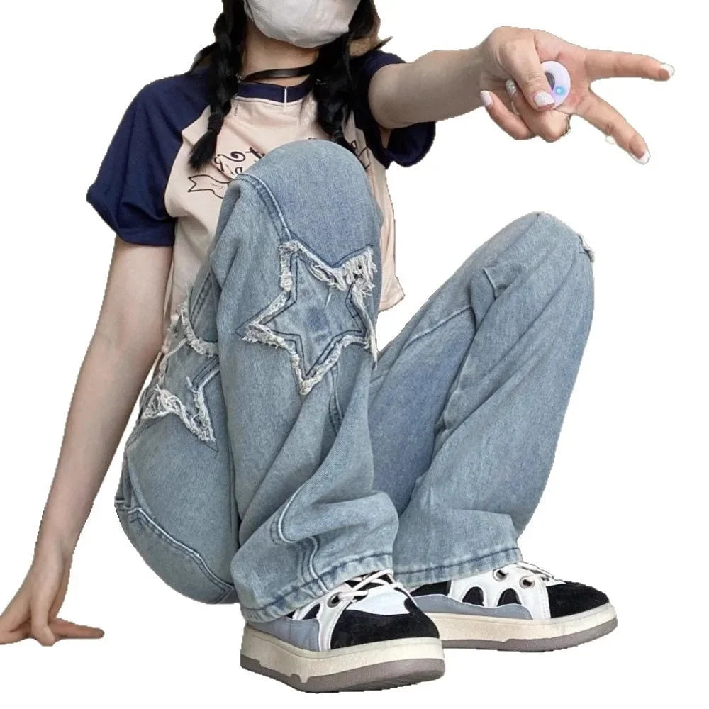 High Waist Wide Leg Straight Cut Jeans Women's Spring Summer New Style Embroidered Five-Pointed Star Patch Trendy Long Pants