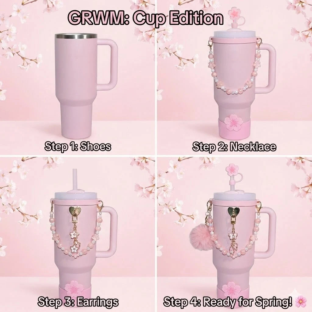 7pcs Sakura Pink Accessories Set for Stanley 30oz 40oz Tumbler Coquette Aesthetic Charm Handle Chain Spring Gift for Women Girls