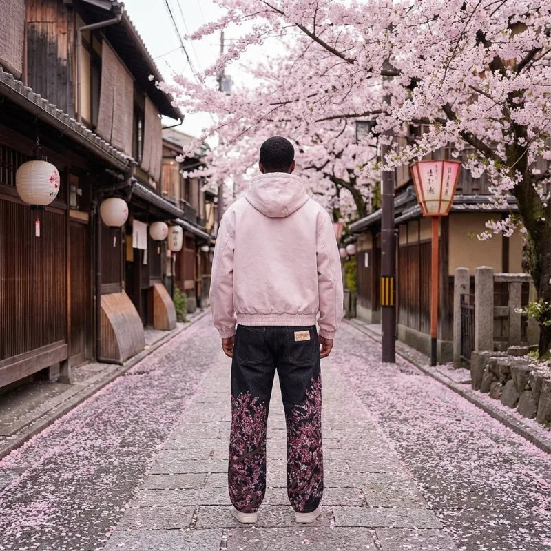Y2K Two Piece Harajuku Vintage Cherry Blossom Selvedge Embroidery oversized Hoodie Goth men women wide leg pants streetwear Set