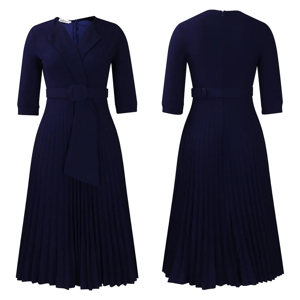 Elegant Office Ladies Dresses 2024 Autumn Fall Notched Collar Half Sleeve Belt Waisted Mid Calf Female Birthday Party Dress Midi