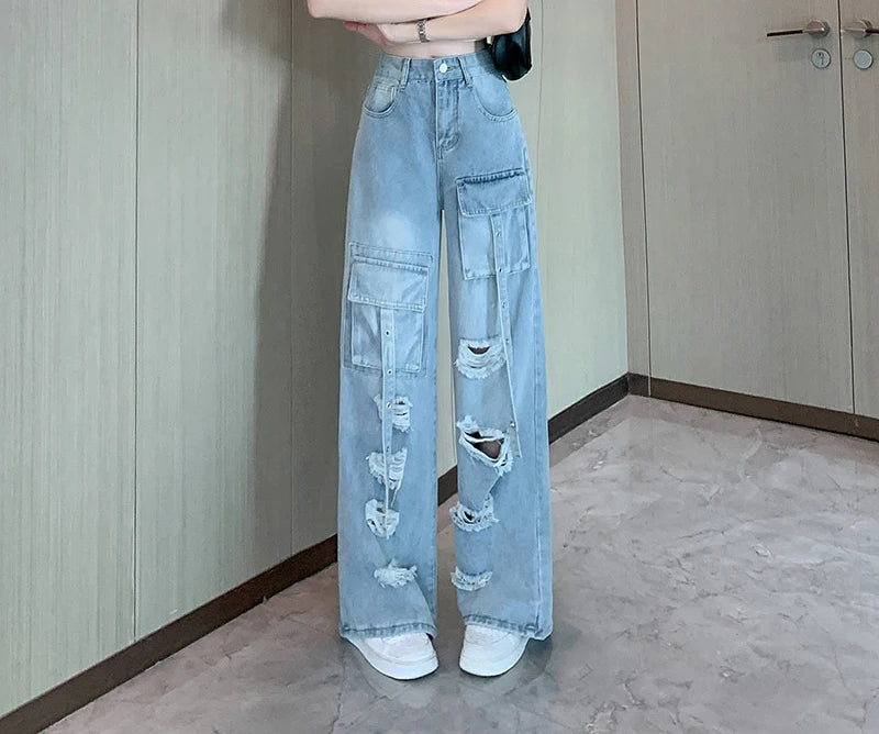 Y2K Hole Cargo Jeans Women Retro Streetwear Loose Straight Denim Pants Multiple Pockets High Waist Casual Commuting New Trousers