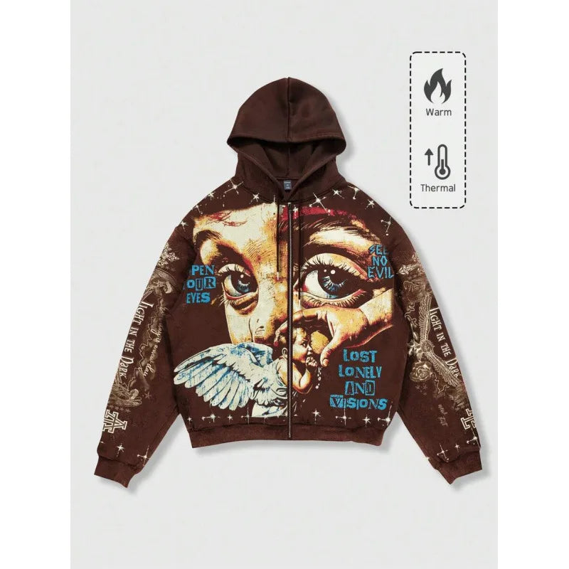 Star Eye Print Hoodie Men's Fleece Lined Sweatshirt Urban Style Comfortable Fit Winter Collection No Brand Registered Trademark