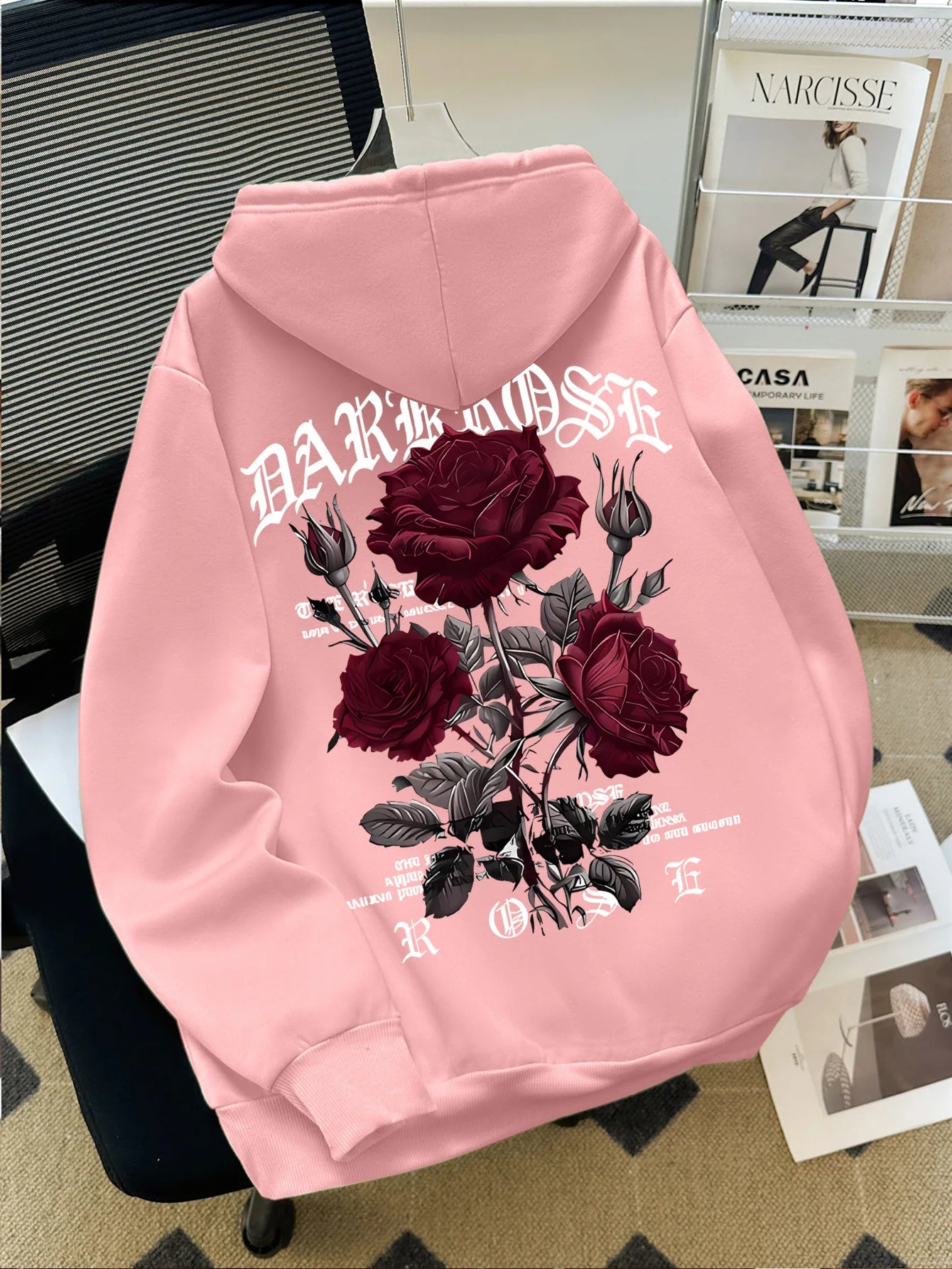 Autumn/Winter Street Style Men's Hoodie with Rose and Gothic Letter Print, Casual Loose Fit, Fleece-lined Long-sleeved Hoodie
