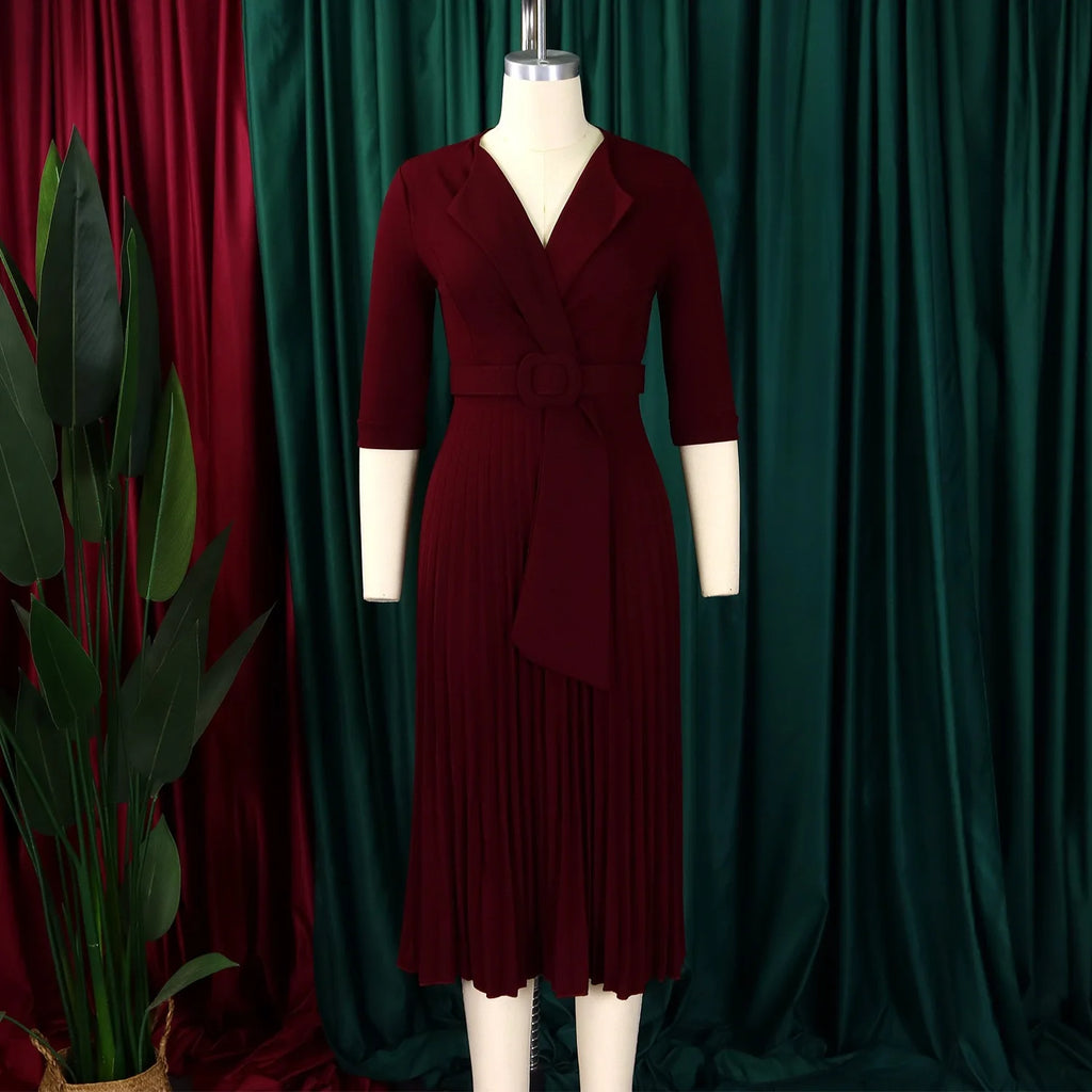 Elegant Office Ladies Dresses 2024 Autumn Fall Notched Collar Half Sleeve Belt Waisted Mid Calf Female Birthday Party Dress Midi