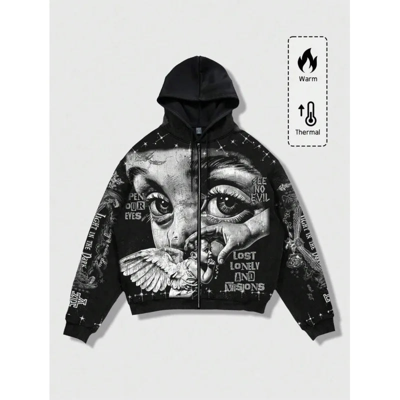 Star Eye Print Hoodie Men's Fleece Lined Sweatshirt Urban Style Comfortable Fit Winter Collection No Brand Registered Trademark