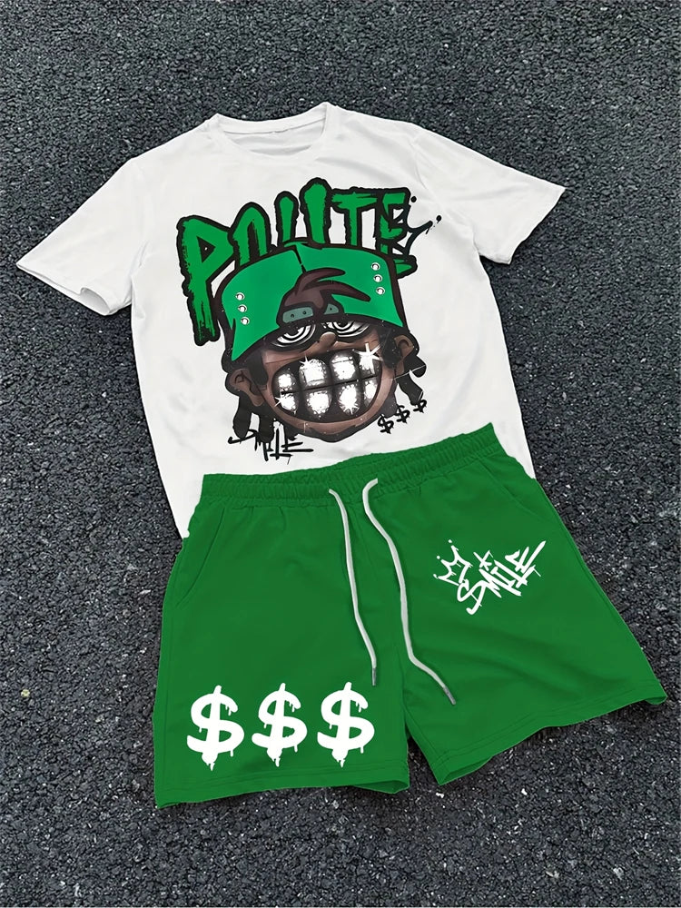 2026 New Spring American Hip-hop Style Men's Round-neck Top And Casual Shorts, Street Fashion Trend Men's Short-sleeved 2pcs Set