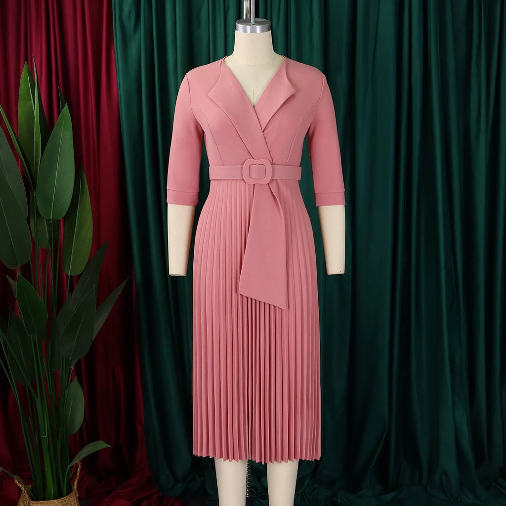 Elegant Office Ladies Dresses 2024 Autumn Fall Notched Collar Half Sleeve Belt Waisted Mid Calf Female Birthday Party Dress Midi