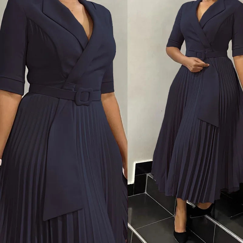 Elegant Office Ladies Dresses 2024 Autumn Fall Notched Collar Half Sleeve Belt Waisted Mid Calf Female Birthday Party Dress Midi