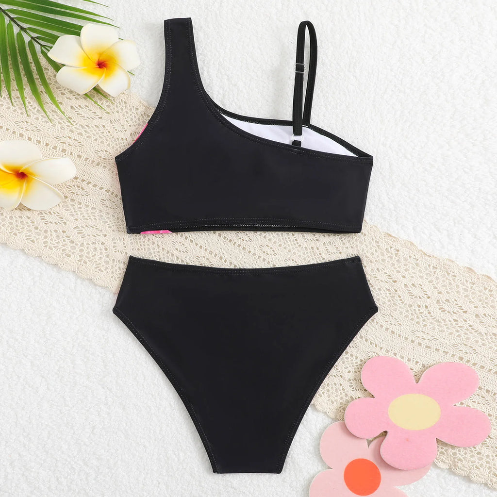 2 Piece Kids High Waist Bikini Sets One Shoulder Floral Printed Padded Swimsuit For Girls Summer Beachwear Swimming Bathing Suit