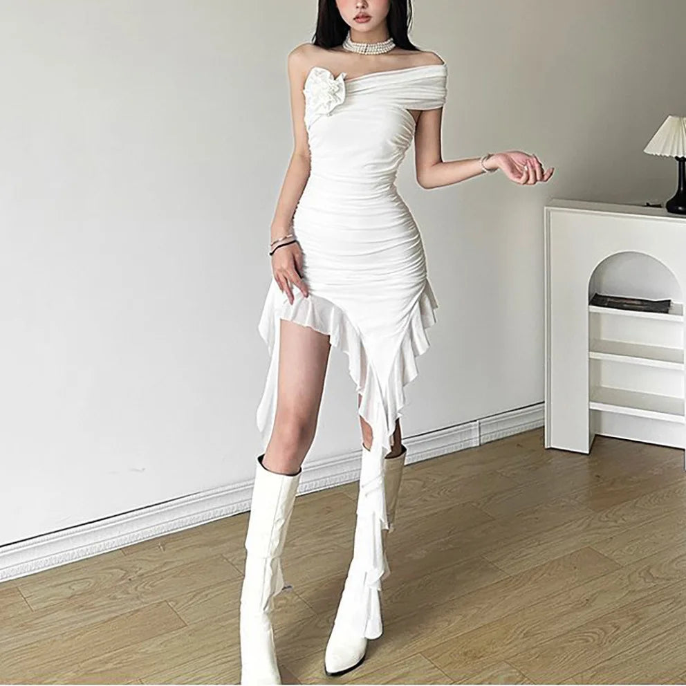 Lace Splicing Sexy Perspective Dress Women Irregular Sleeveless Edge Dress Summer Long Party Vacation Evening Dress